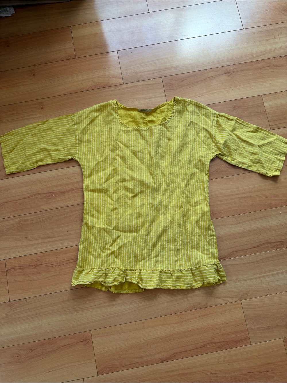 Women’s Yellow Stripped Linen Ruffle-Hem Blouse